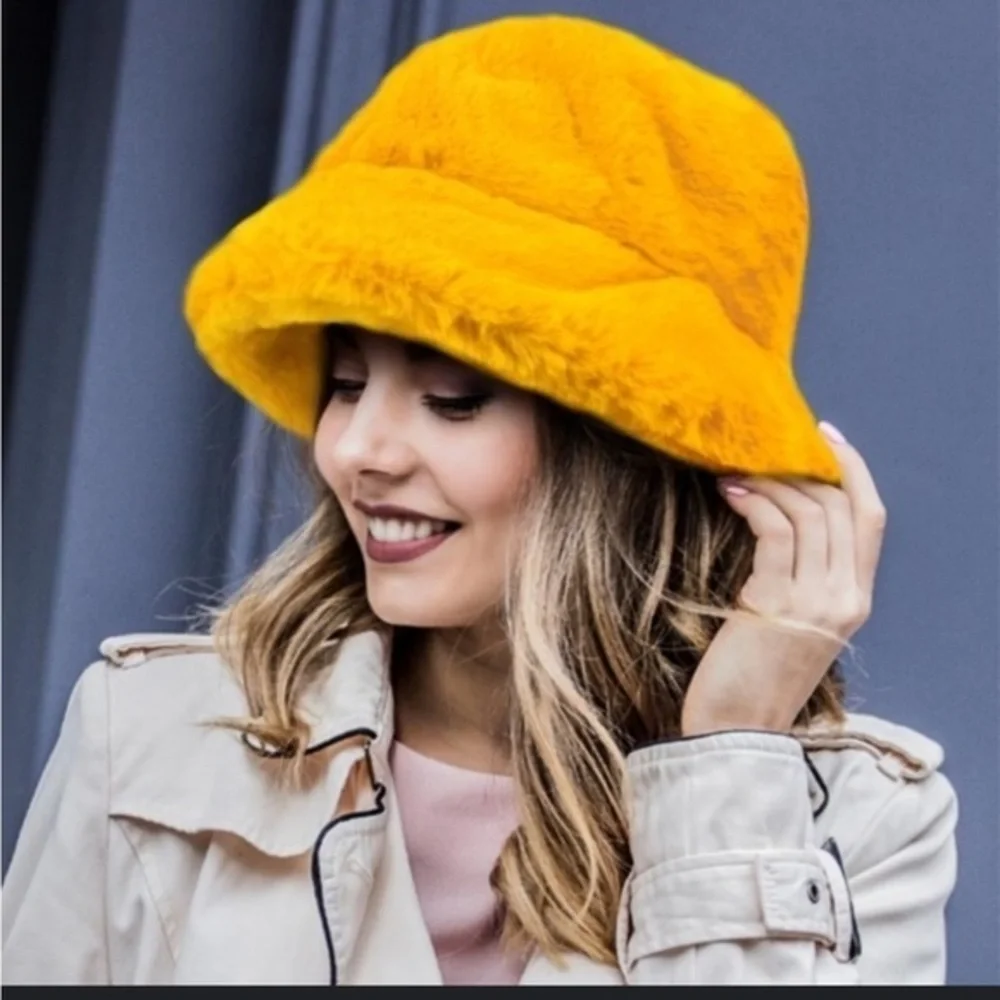 Ellas mustard yellow or bubble gum pink faux fir look lined warm bucket hat